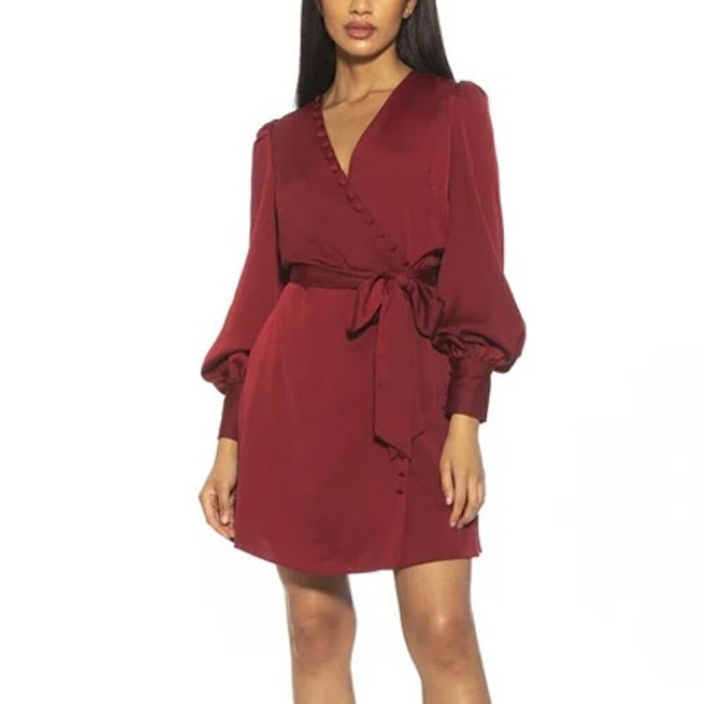 Alexia Admor Dress Long Blouson Sleeve Button Front Wrap Mini Burgundy Red 10